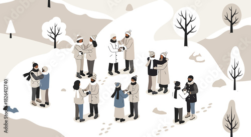 An illustration of various diverse people in winter clothing interacting in a snowy park landscape with trees and hills.