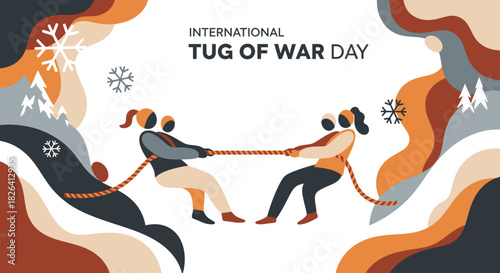 Illustration of two people playing tug of war with a rope, set against a winter-themed abstract background with snowflakes and mountains, celebrating International Tug of War Day.