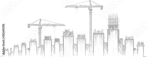 Sketch of a city skyline under construction with cranes and building frameworks