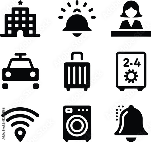 Collection of hotel service icons representing accommodation transportation and guest assistance