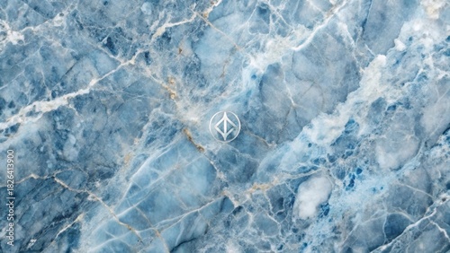 Abstract Blue Marble Texture with Centered Metallic Symbol A Serene and Elegant Background Image