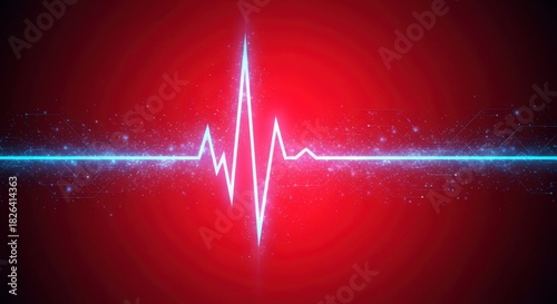 Vibrant neon heartbeat pulse on red digital grid background for medical and tech concepts
