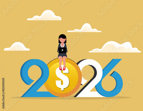 Business strategy 2026. Businesswoman using laptop sitting on a large coin