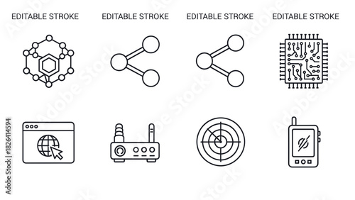 Set of thin line icons related to technology and networking, including a router, radar, and circuit board.