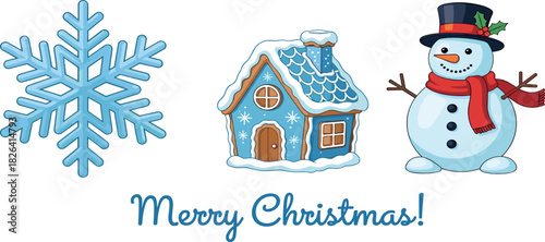 A charming illustration of classic winter holiday symbols a sparkling snowflake, gingerbread house, and jolly snowman, perfect for spreading festive cheer and season's greetings
