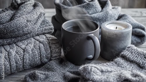 A cozy monochromatic grey composition featuring warm knitted items, a steaming mug, and a candle on a rustic wooden surface creates a peaceful winter atmosphere.