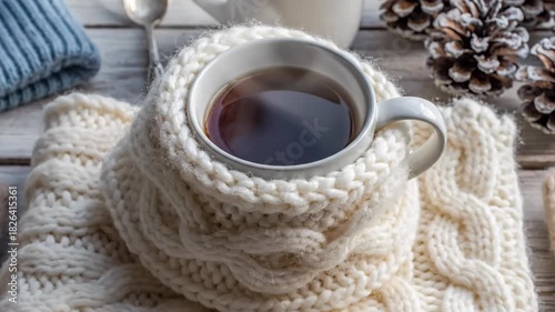 A warm winter composition featuring knitted wool accessories like a blue hat, beige mittens, and a white scarf, along with steaming mugs and pinecones on a rustic wooden background.