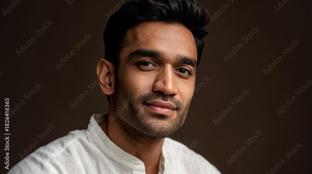 Obraz premium Captivating portrait of a confident man with a warm expression, showcasing cultural attire against a soft, neutral background, ideal for lifestyle and identity themes.