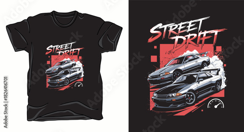 Street drift drifting car graphic vector art t-shirt design print template