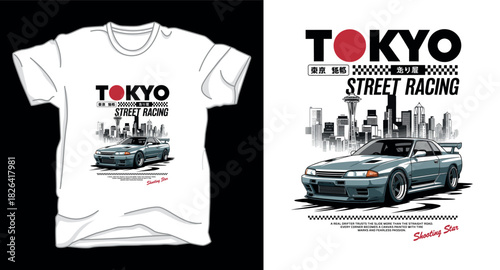 Tokyo street racing drifting car graphic vector art t-shirt design print template