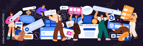 Designers create together. People redesign UI UX design with elements. Creative team updates digital interface of web and mobile app. Teamwork development concept. Flat isolated vector illustration.