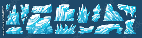 Iceberg set. Ice bergs and blocks of frozen water with different shapes. Blue glaciers, tops of snow mountains and floes. Peaks of North rocks, crystal cliffs. Flat isolated vector illustrations.
