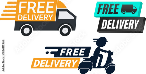 Logistics Service Badges Free Delivery Graphics with Truck and Scooter Icons for E commerce Promotions and Shipping Service Announcements