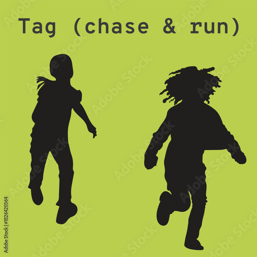 children playing chase together vector isolated on background.  kids running play tag(chase & run) with friend . Silhouette vector illustration.