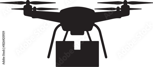 Drone delivering package silhouette icon, aerial delivery and logistics