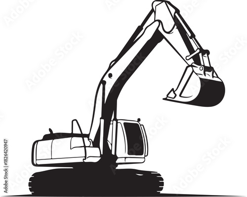 Excavator machine, heavy construction equipment on white background