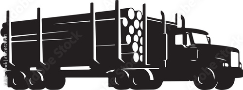 Log truck silhouette transporting timber logs on a white background