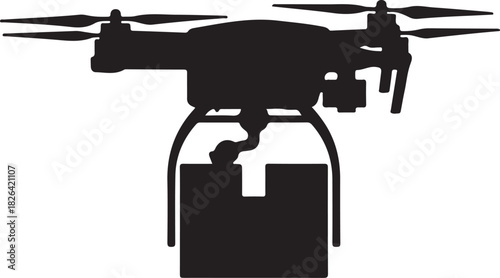 Drone carrying package, silhouette of autonomous aerial delivery drone with cargo