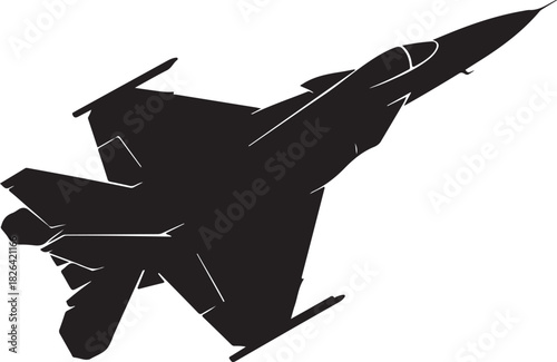 Silhouette of a fighter jet in sharp, dynamic flight ascent
