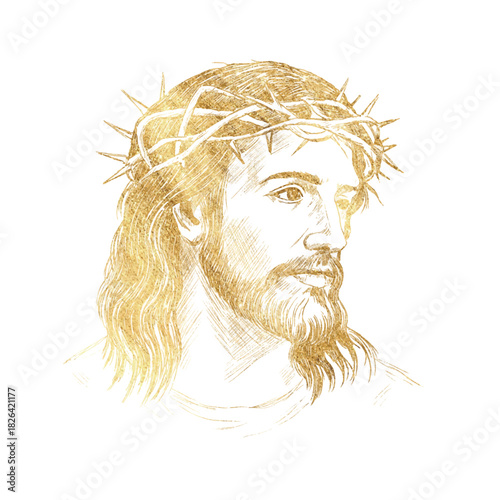 Golden Portrait Jesus Christ isolated on white background freehand.