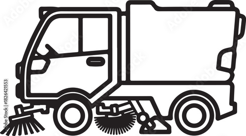 Line art illustration of a street sweeping truck with brushes for cleaning