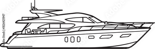 Line art illustration of a modern luxury yacht on white background