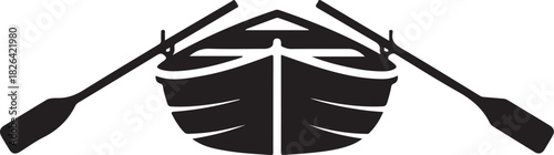 Rowboat and oars icon in black and white silhouette