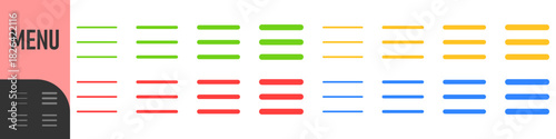 Hamburger Menu icon set featuring three horizontal lines in in color versions, ideal for navigation drawers, mobile interfaces, hidden menus, and UI toggles