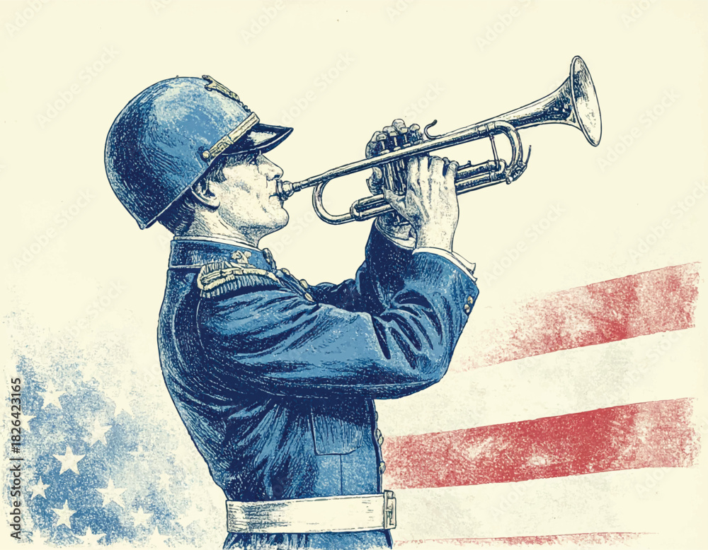 Naklejka premium Patriotic featuring a vintage illustration of a military trumpet in uniform, retro style with white background