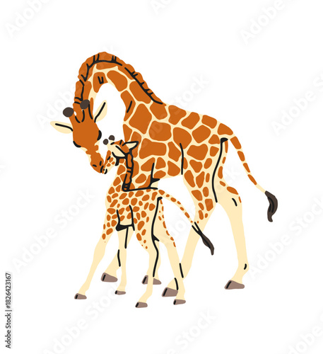 Happy mother and baby giraffes cuddle. Cute family of African animals. Big mom and calf are together. Tall mama cares about cub in savanna. Flat isolated vector illustration on white background.