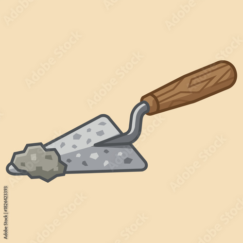 Illustration of a trowel with mortar and a wooden handle against a plain background