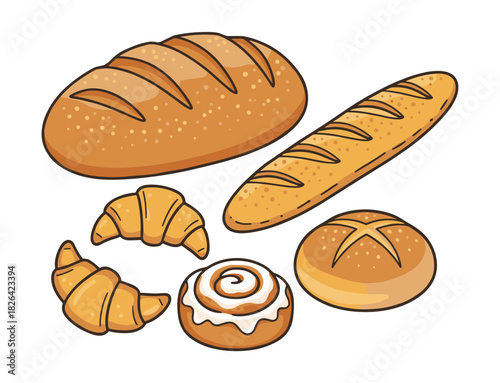 Fresh baked bread and pastries cartoon illustration set