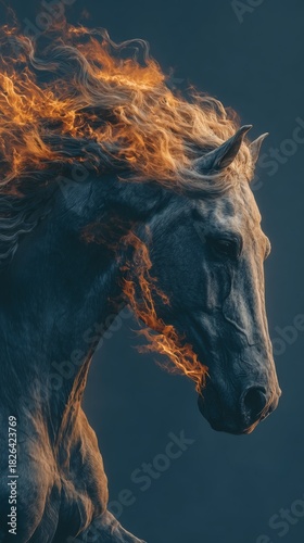 A powerful grey horse with a burning mane of fire against a dark background. Vertical fantasy portrait of a mythical creature symbolizing strength and wild energy