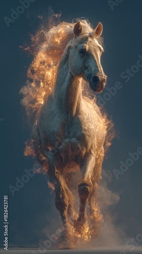 A powerful white horse made of swirling golden flames rises upward against a deep blue background. Its mane and body ignite with bright fire, creating a dramatic, dynamic and mystical atmosphere