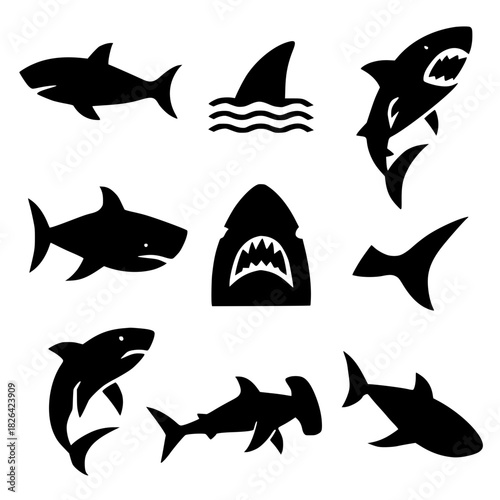 "Shark Silhouette Icon Set – Bold Black Pictograms in 9 Unique Poses"
