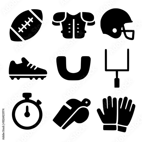 American Football Equipment Icons – Bold Black Vector icon set for Sports and Game Design"
