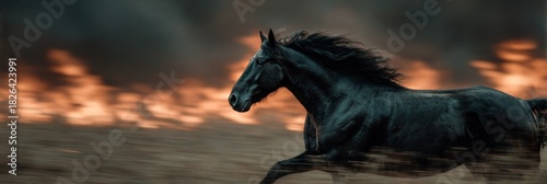 A powerful black horse running at speed in profile. Dramatic motion with a flowing mane against a fiery sunset background. Wild animal representing freedom and strength