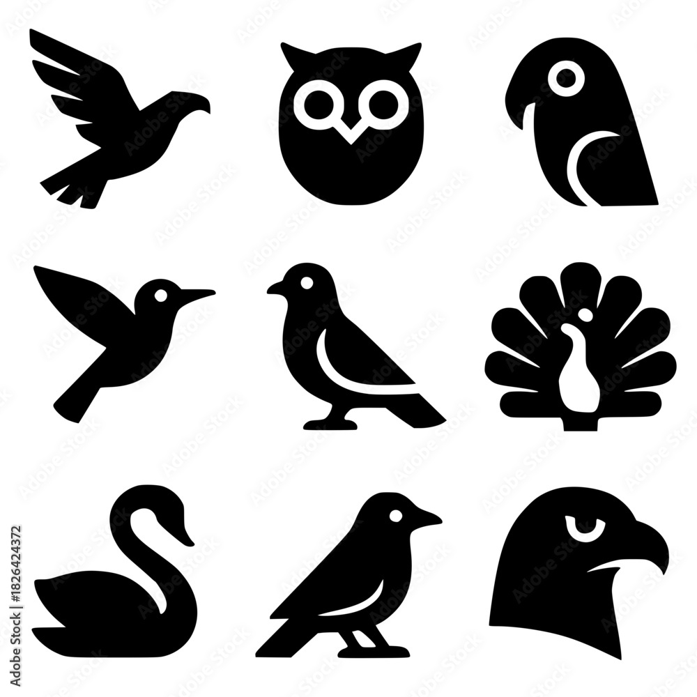 Naklejka premium Bird Silhouette Icon Set – 9 Bold Black Pictograms of Diverse Species