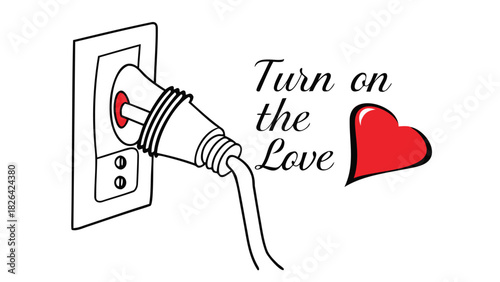 Creative illustration of an electrical plug connected to a wall outlet symbolizing the phrase turn on the love with a red heart