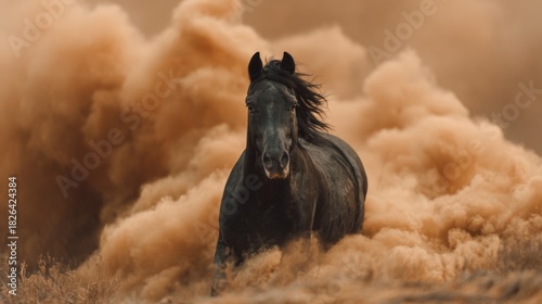 Black horse charging through dense cloud of orange smoke with intense forward gaze and flying mane, cinematic lighting and fiery tones emphasize strength, urgency, and unstoppable force