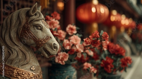 Ornate golden horse statue with red flowers for Chinese New Year. Festive decoration for the Year of the Horse zodiac celebration