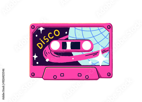 Retro design of old mix tape of disco music. Vintage audio cassette with electro and DJ records for party. Mixtape of techno for discotheque. Flat isolated vector illustration on white background.