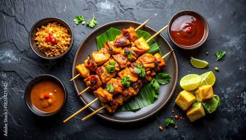 Grilled meat skewers with garnishes and sauces