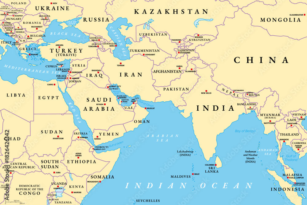 Obraz premium West Asia and South Asia, political map with countries, their international borders and capitals. Western or Southwest Asia, with the Middle East, and South Asia, with the Indian subcontinent. Vector