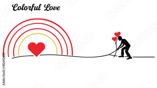 Silhouette of a person holding heart balloons under a colorful rainbow with a single heart symbol representing love