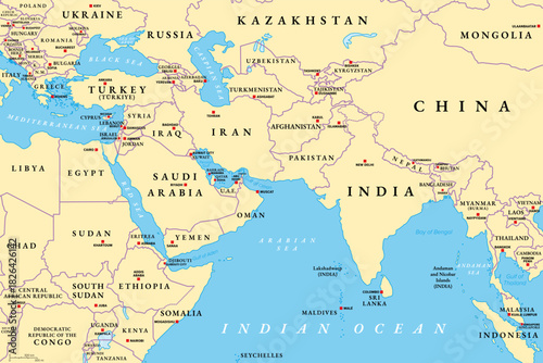 West Asia and South Asia, political map with countries, their international borders and capitals. Western or Southwest Asia, with the Middle East, and South Asia, with the Indian subcontinent. Vector