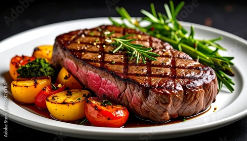 Grilled steak with roasted vegetables on plate