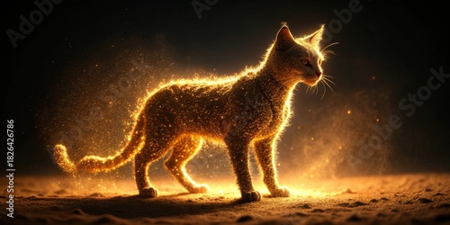 A Majestic Feline Illuminated by Golden Dust Particles, a Captivating Display of Light and Grace in the Darkness