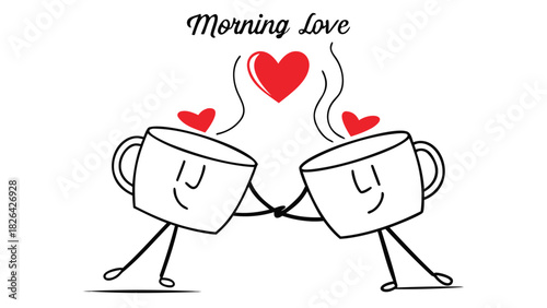 Two happy coffee cups holding hands with hearts rising above symbolizing morning love and affection