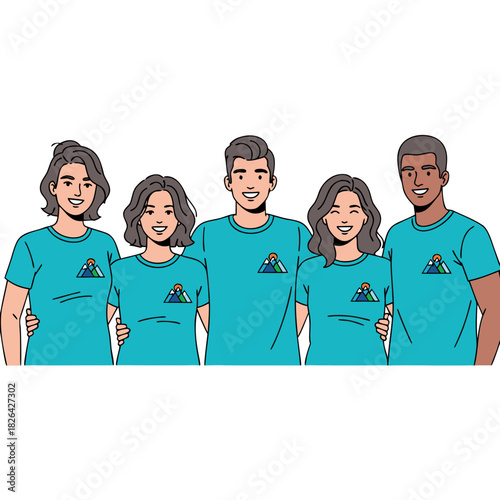Group of friends wearing matching blue shirts and smiling together  